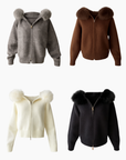 Knitted Zipped Hoodie with Fur Hood