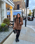 Real fox fur cardigan for women. Fur trimmed knitted cardigan. Luxury natural fox fur cardigan with collar & cuffs. Knitwear with fur. Detachable, removable fur made with a stretchy wool cardigan. Free UK, EU & USA delivery. Fur coat. Women's knitwear. Fur trimmed knitwear cardigan. Real fur coats. Fur coats. Winter coats women's. Fur jackets womenswear. Luxury fur jacket. Premium high quality fur coats. camel fur coat. camel coat. beige fur. neutral jacket.