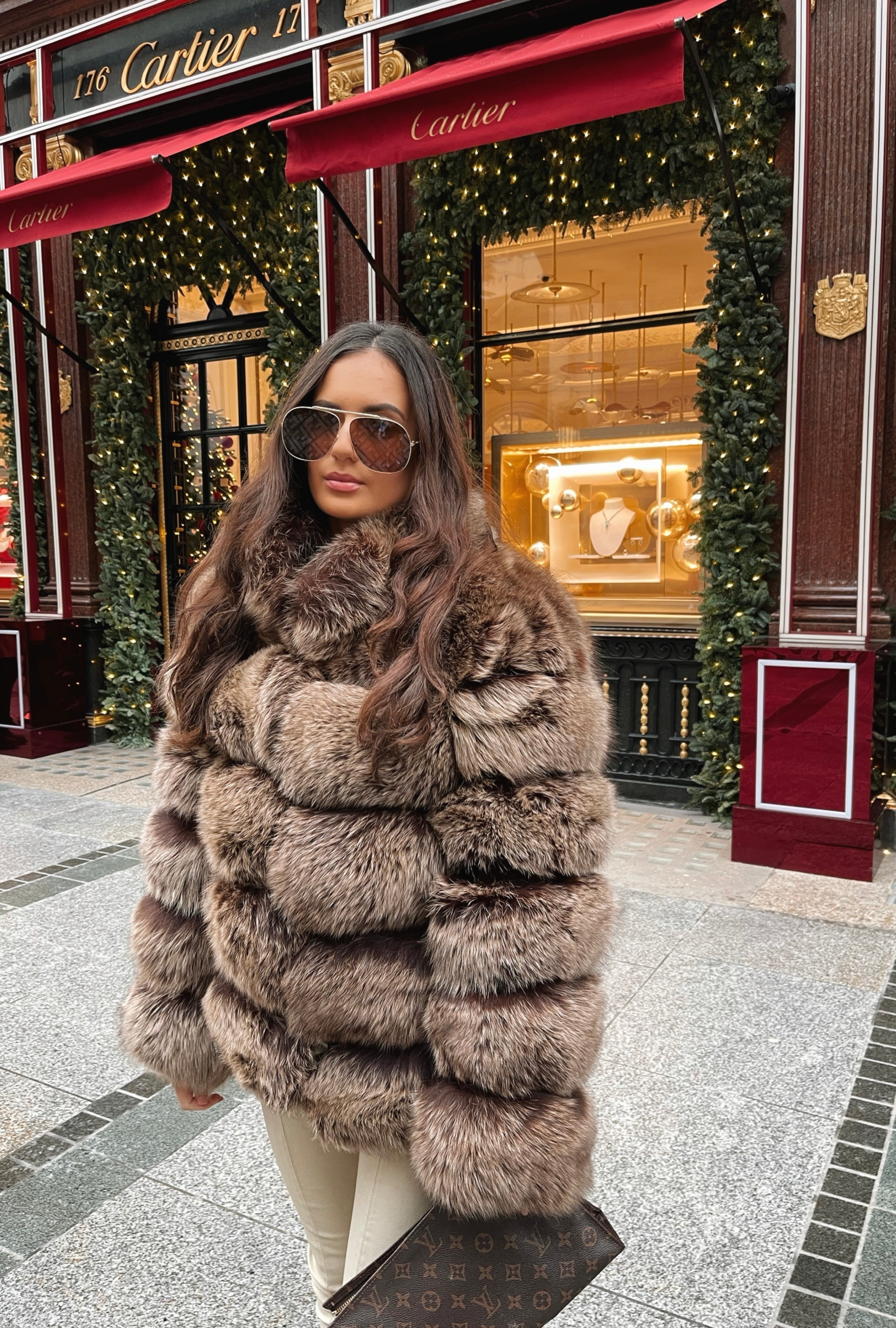 Fox Fur Chocolate Shearling Coat Luxury Women Real Fur Bubble