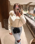 Knitted Zipped Hoodie with Fur Hood