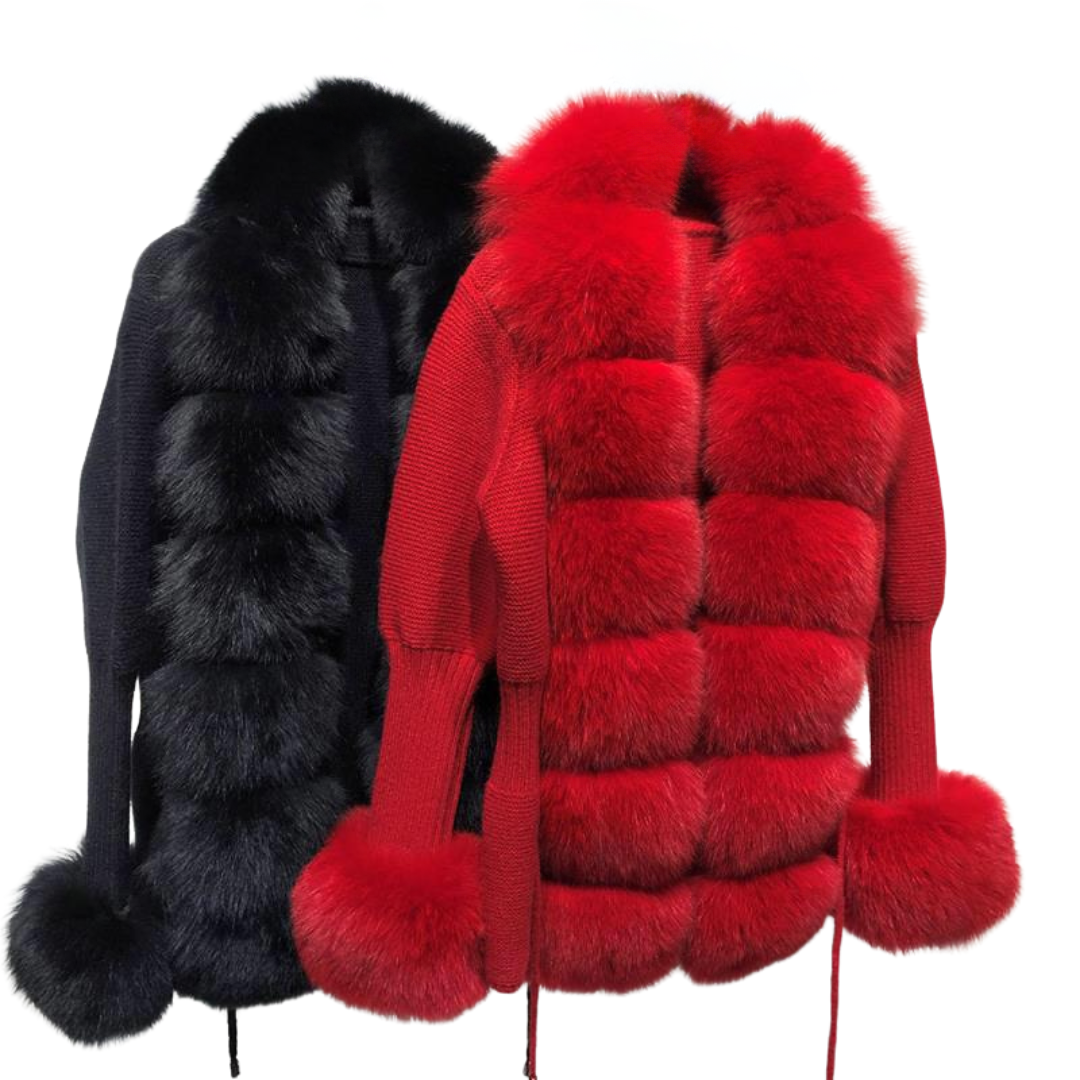 Real fox fur cardigan for women. Fur trimmed knitted cardigan. Luxury natural fox fur cardigan with collar & cuffs. Knitwear with fur. Detachable, removable fur made with a stretchy wool cardigan. Free UK, EU & USA delivery.  Fur coat. Women's knitwear. Fur trimmed knitwear cardigan. Real fur coats. Fur coats. Winter coats women's. Fur jackets womenswear. Luxury fur jacket. Premium high quality fur coats. red fur coat. red jacket. red coat. red real fur coat. red vintage fur