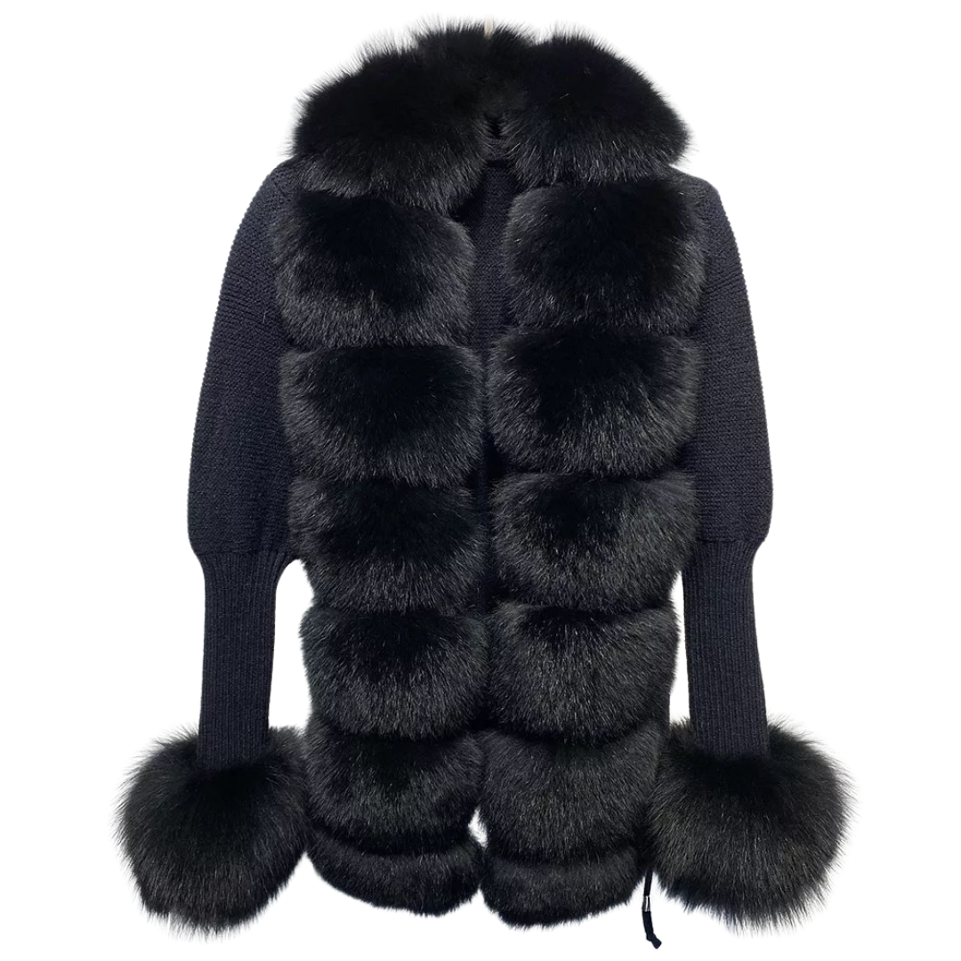 Real fox fur cardigan for women. Fur trimmed knitted cardigan. Luxury natural fox fur cardigan with collar & cuffs. Knitwear with fur. Detachable, removable fur made with a stretchy wool cardigan. Free UK, EU & USA delivery.  Fur coat. Women's knitwear. Fur trimmed knitwear cardigan. Real fur coats. Fur coats. Winter coats women's. Fur jackets womenswear. Luxury fur jacket. Premium high quality fur coats.