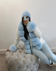 Real fox fur cardigan for women. Fur trimmed knitted cardigan. Luxury natural fox fur cardigan with collar & cuffs. Knitwear with fur. Detachable, removable fur made with a stretchy wool cardigan. Free UK, EU & USA delivery. Fur coat. Women's knitwear. Fur trimmed knitwear cardigan. Real fur coats. Fur coats. Winter coats women's. Fur jackets womenswear. Luxury fur jacket. Blue fur coat. Blue winter outfit. light blue fur. white fur coat. winter fur coat in blue. Premium high quality fur coats.