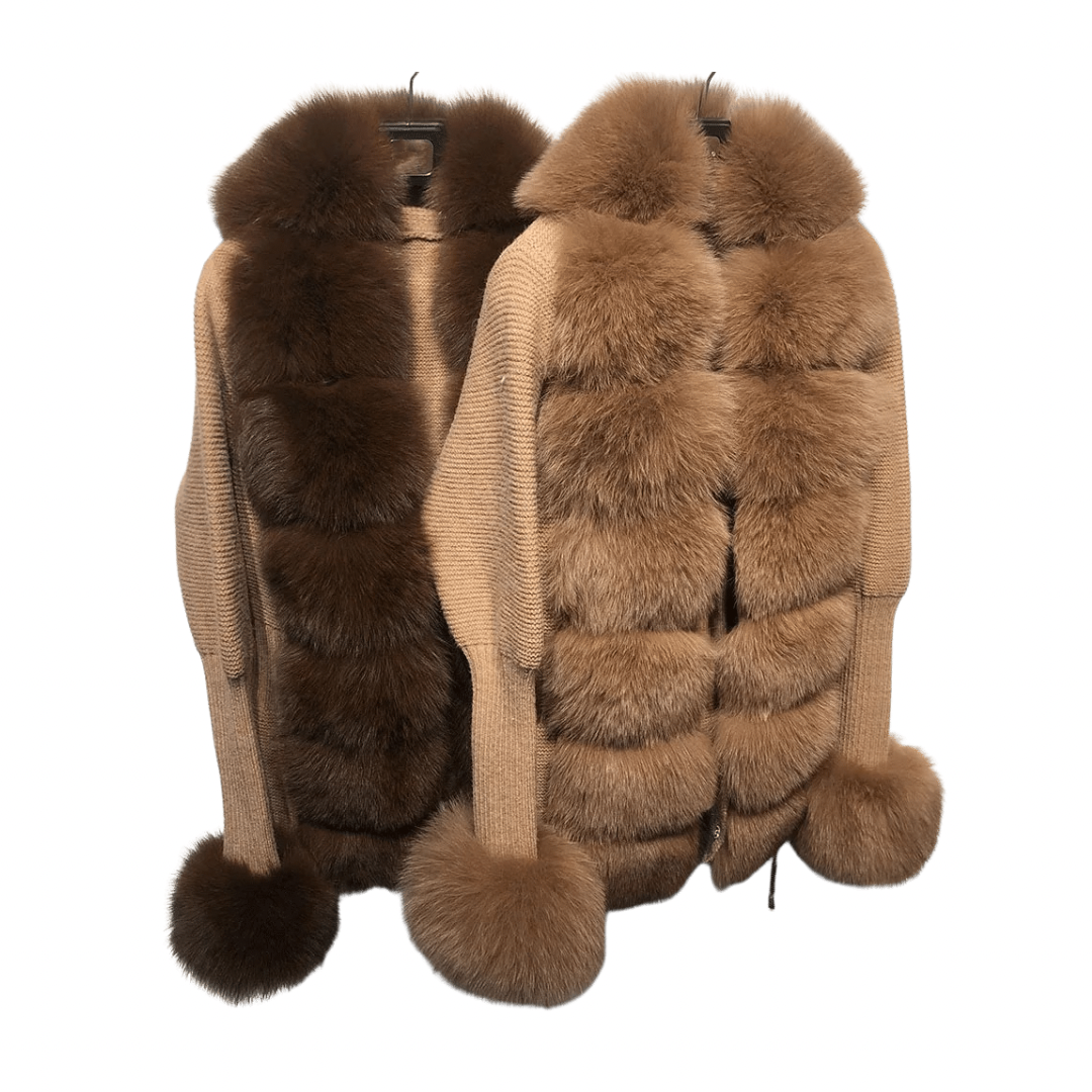 Real fox fur cardigan for women. Fur trimmed knitted cardigan. Luxury natural fox fur cardigan with collar & cuffs. Knitwear with fur. Detachable, removable fur made with a stretchy wool cardigan. Free UK, EU & USA delivery.  Fur coat. Women's knitwear. Fur trimmed knitwear cardigan. Real fur coats. Fur coats. Winter coats women's. Fur jackets womenswear. Luxury fur jacket. Premium high quality fur coats. camel fur coat. camel coat. brown fur coat. brown jacket womens