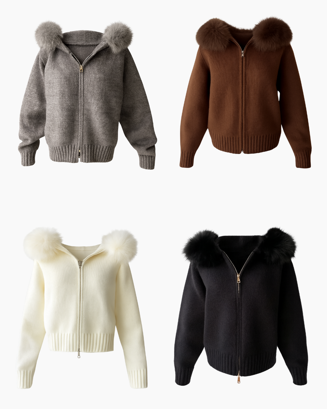 Knitted Zipped Hoodie with Fur Hood