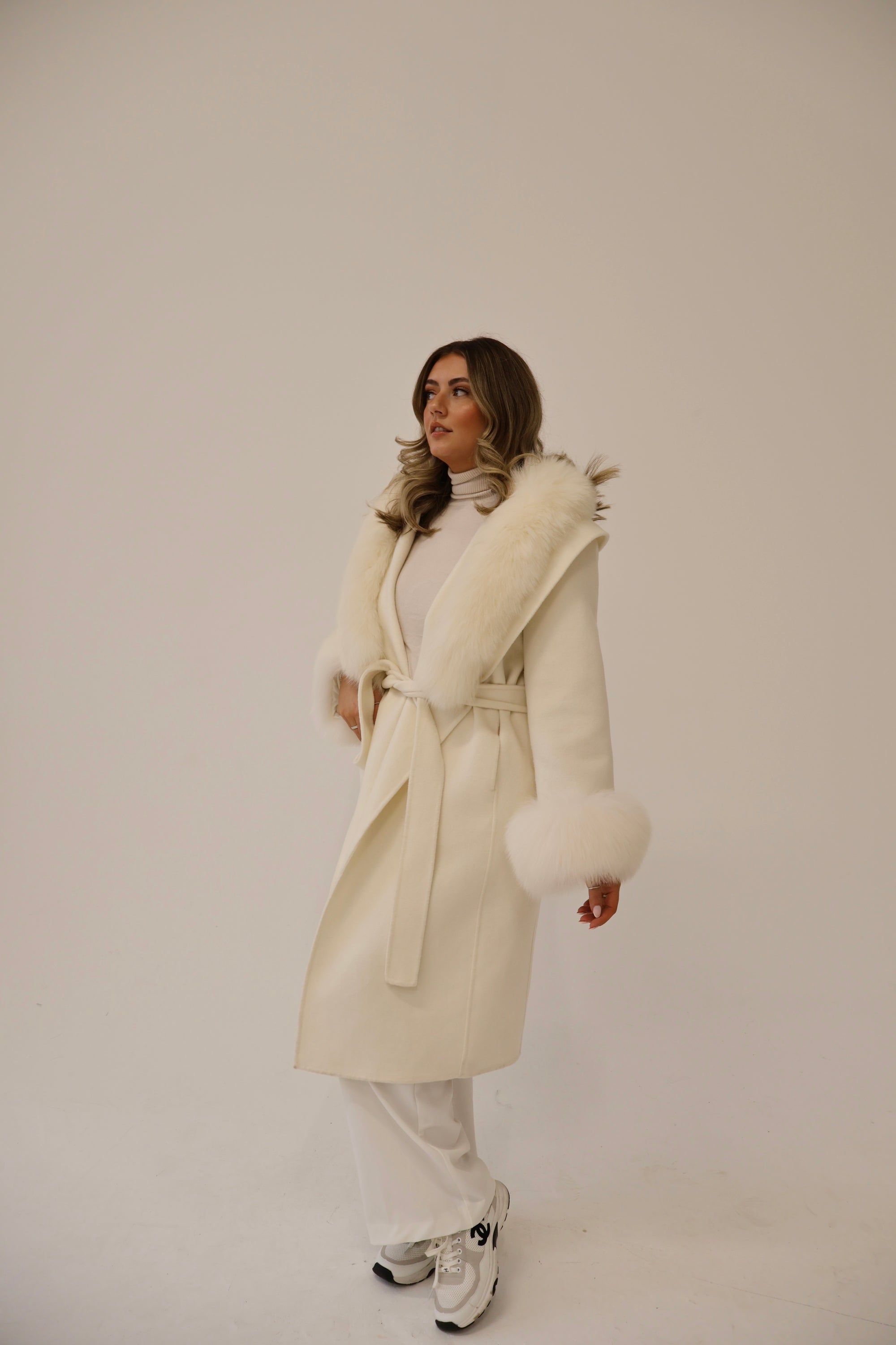 Fur Collar &amp; Cuffs Long Cashmere Coat