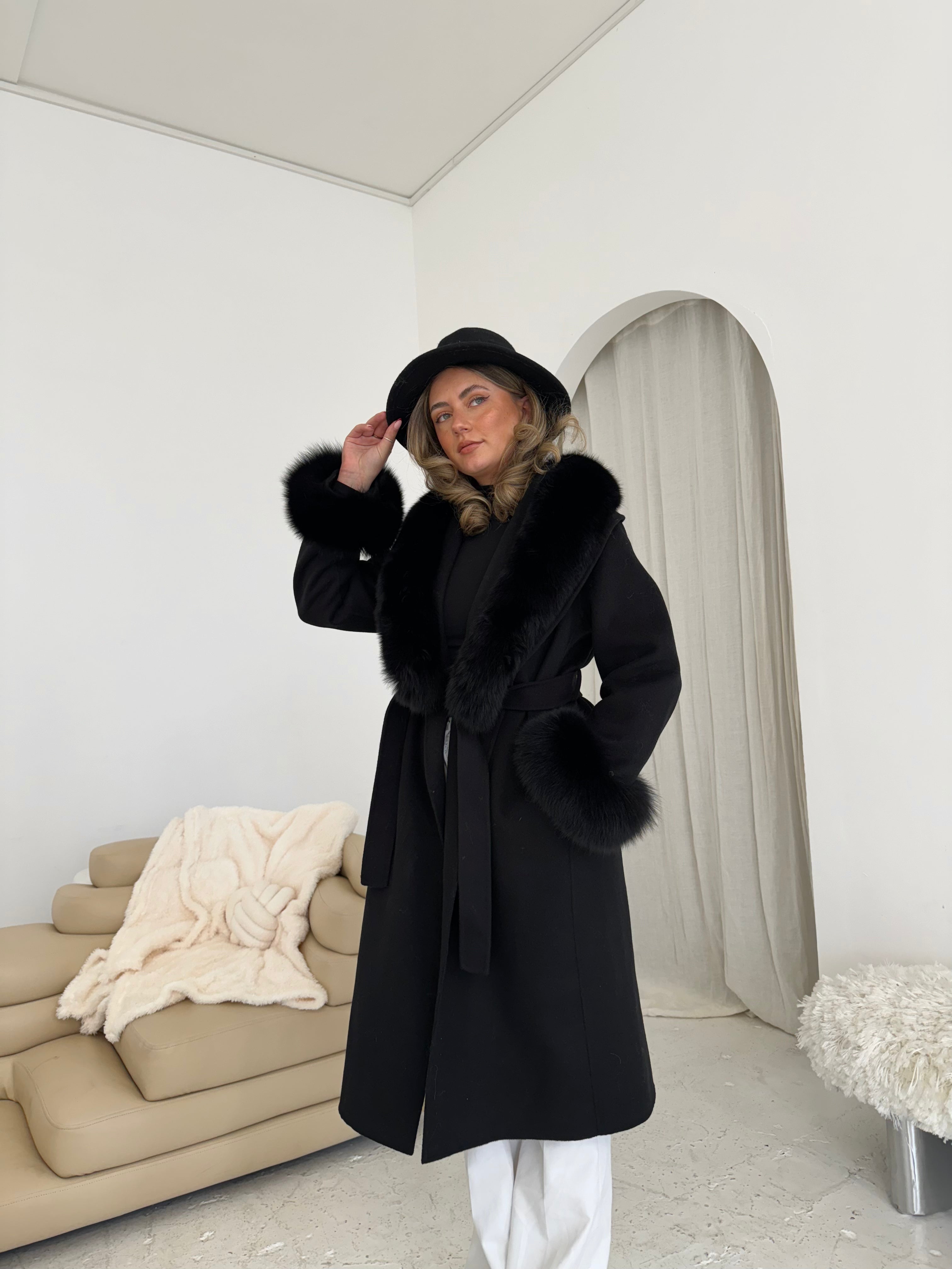 Fur Collar &amp; Cuffs Long Cashmere Coat - Black UK10 | M | US6