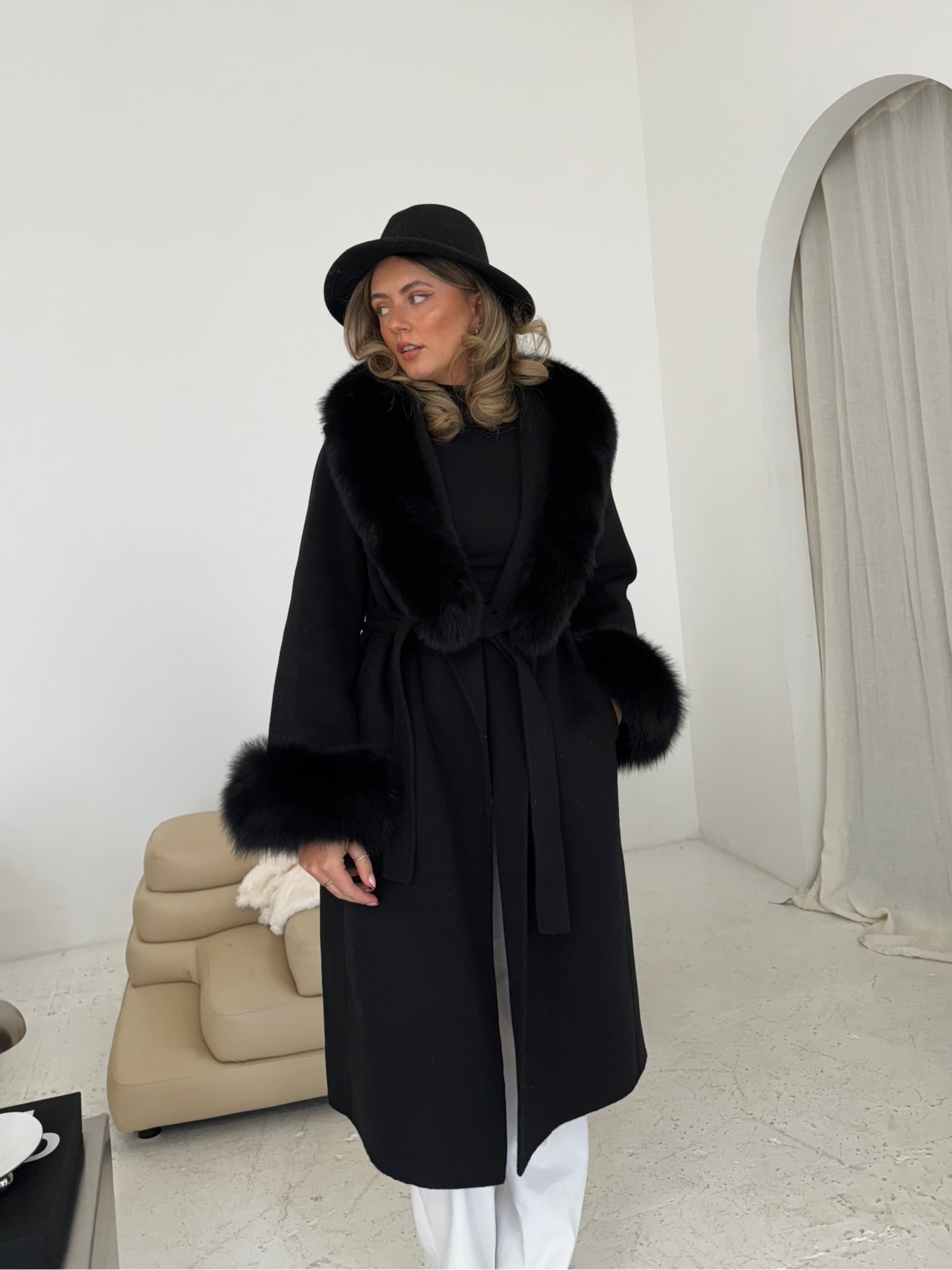 Fur Collar &amp; Cuffs Long Cashmere Coat - Black UK10 | M | US6