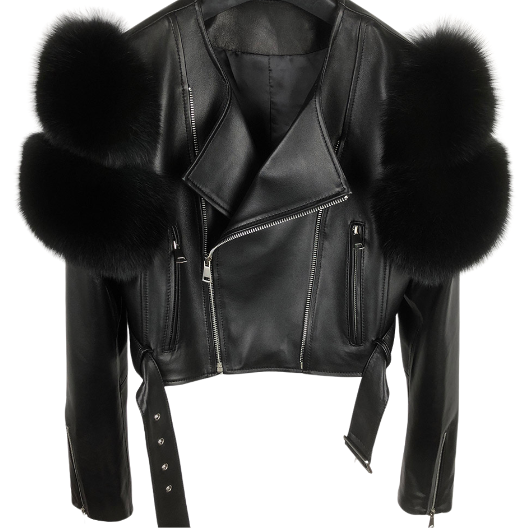 Leather Jacket with Fur Sleeves Detailing - Black UK10 | M | US6