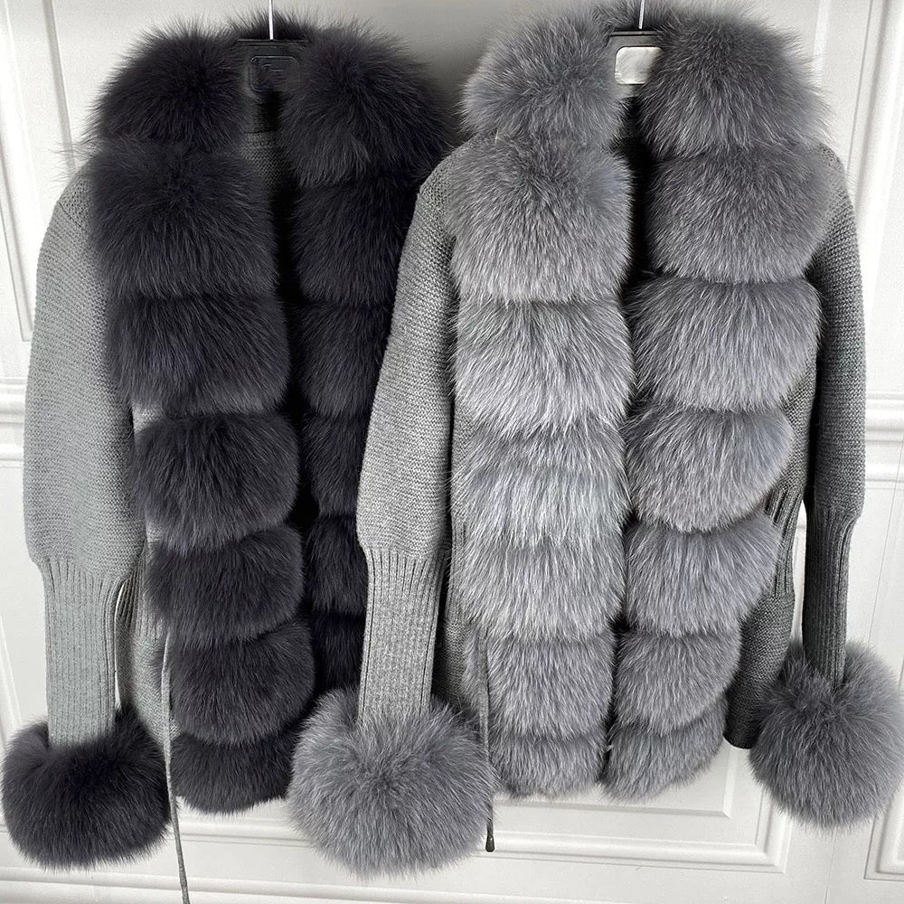 Real fox fur cardigan for women. Fur trimmed knitted cardigan. Luxury natural fox fur cardigan with collar &amp; cuffs. Knitwear with fur. Detachable, removable fur made with a stretchy wool cardigan. Free UK, EU &amp; USA delivery.  Fur coat. Women&#39;s knitwear. Fur trimmed knitwear cardigan. Real fur coats. Fur coats. Winter coats women&#39;s. Fur jackets womenswear. Luxury fur jacket. Premium high quality fur coats. grey fur coat. light grey fur jacket. dark grey real fur coat. dark grey coat