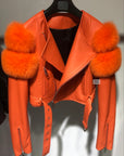 Leather Jacket with Fur Sleeves Detailing