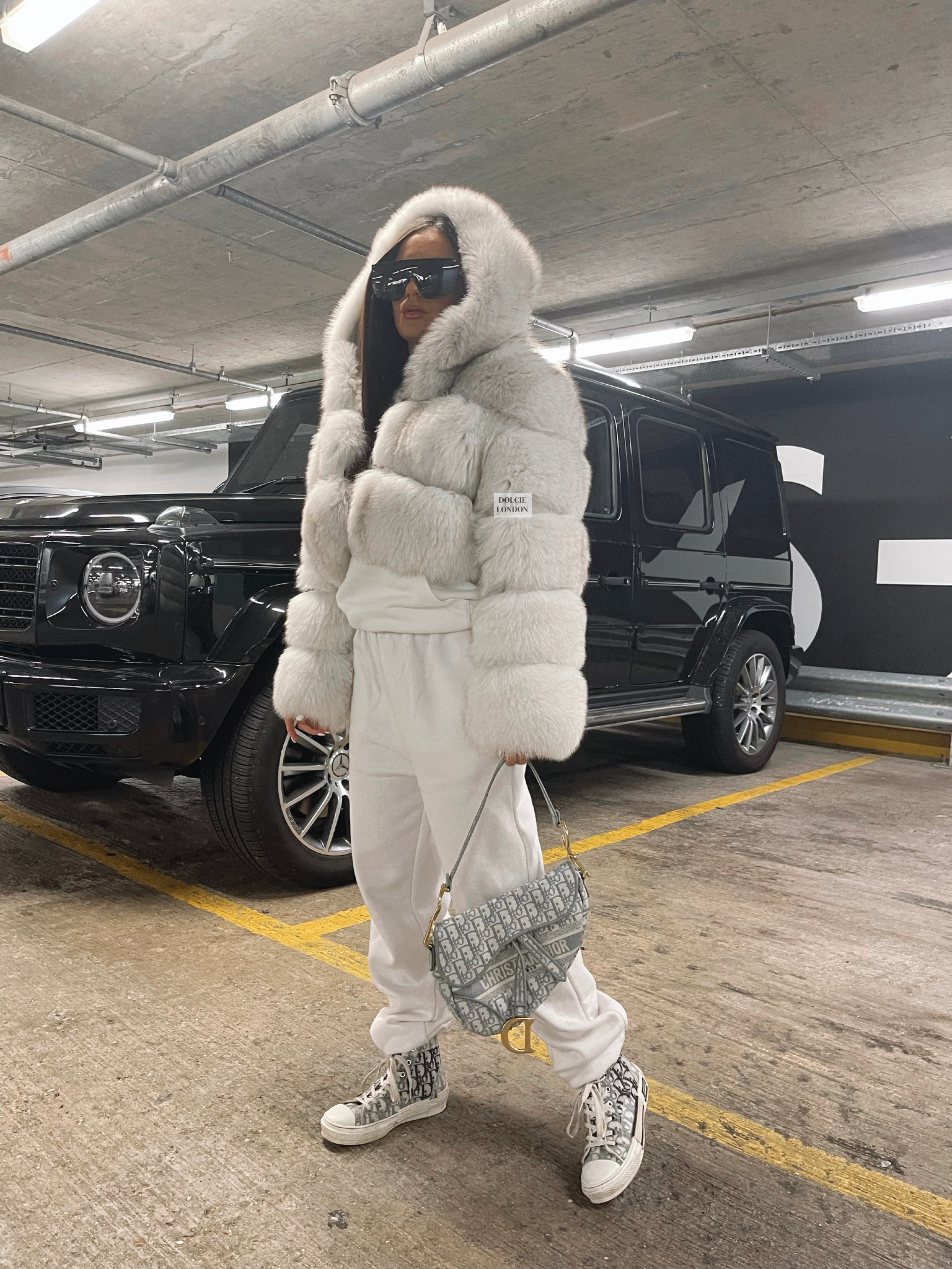 white real fox fur hood coat