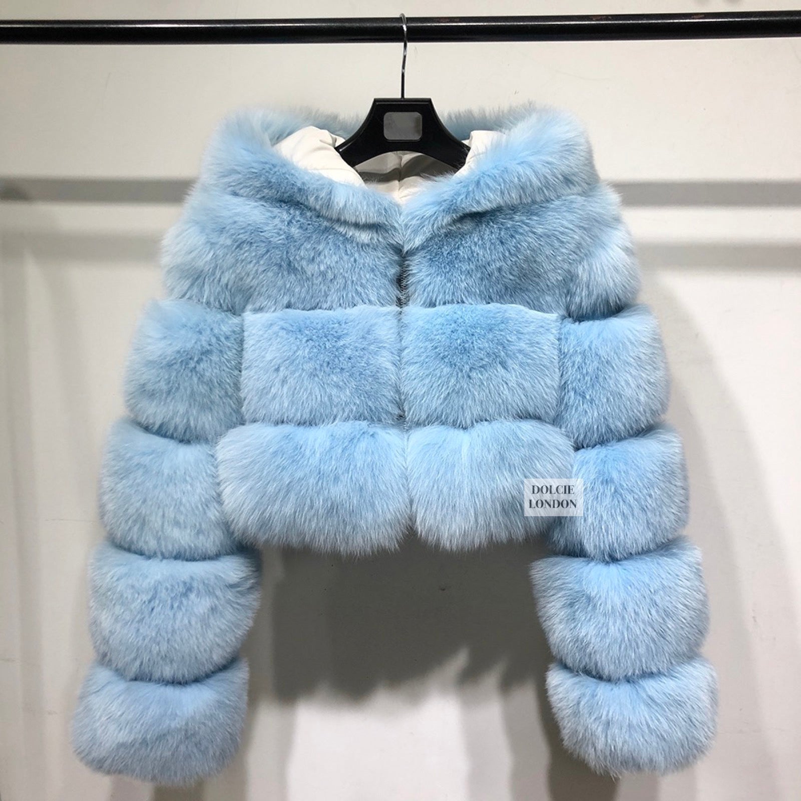 light blue fur coat