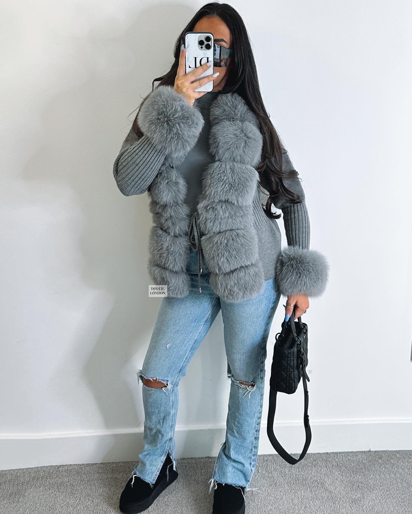 grey fur cardigan for women sweater with real fox fur 