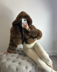 brown hooded fur coat 