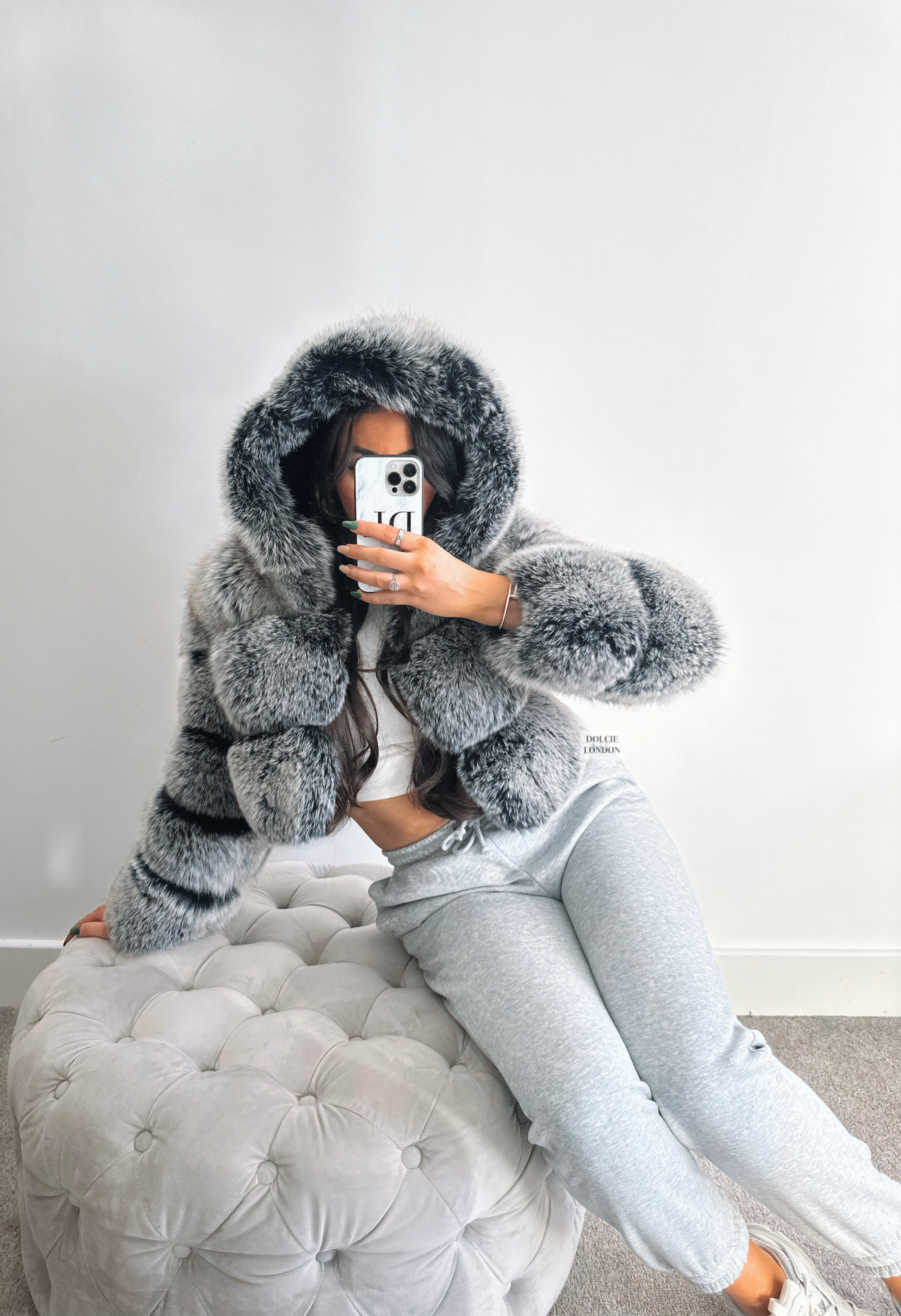 Grey cropped top fur coat